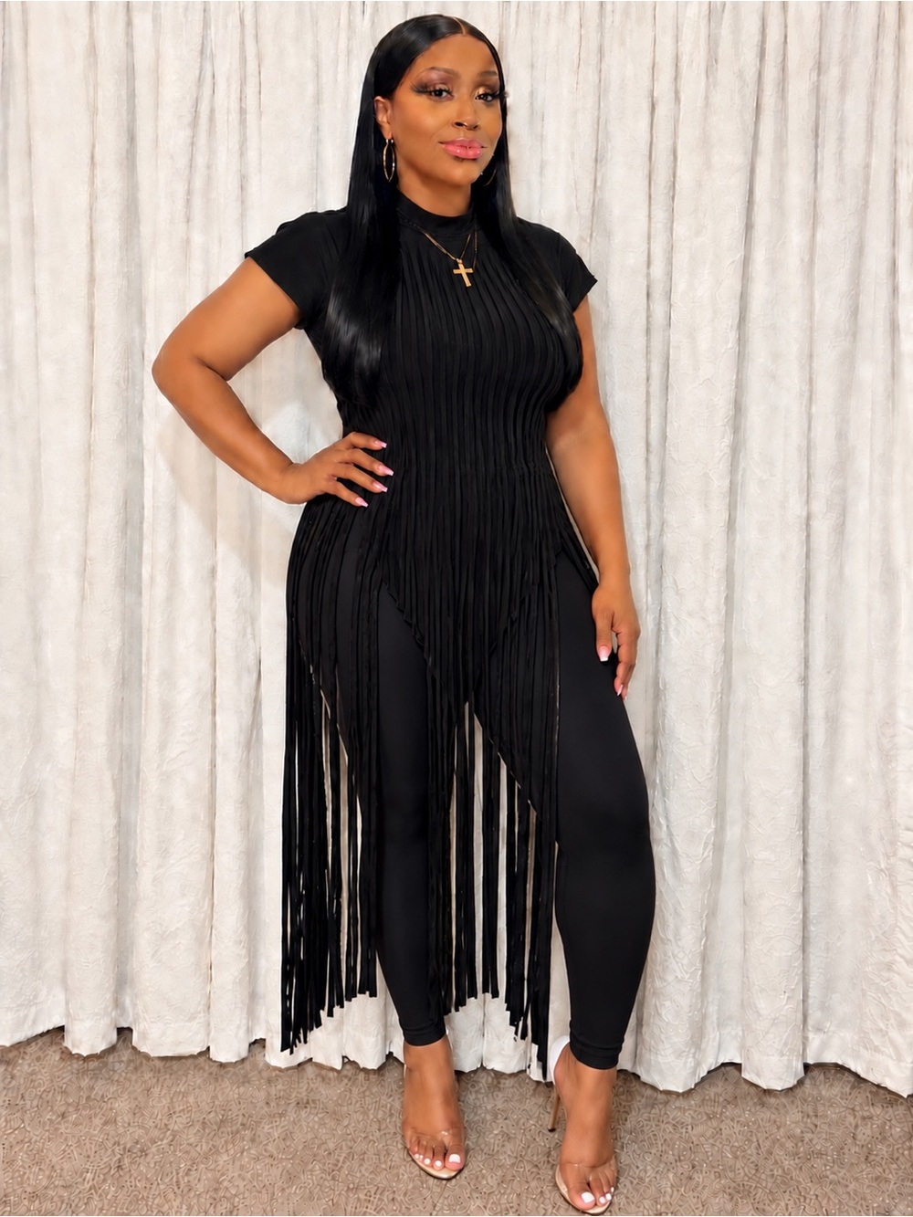 Black Fringe Tunic & Leggings Set - Women's Two-Piece